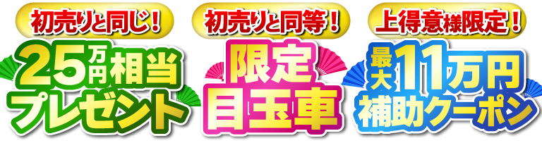 25万円相当プレゼント 限定目玉車 最大11万円補助クーポン